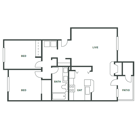 Floor plan for 2 beds, 1 bath, 925 sqft